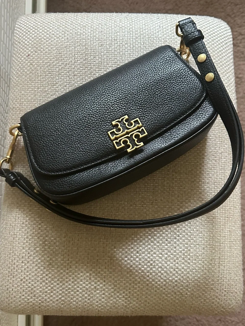 Tory Burch Black Pebbled Leather Shoulder Bag with Gold Logo